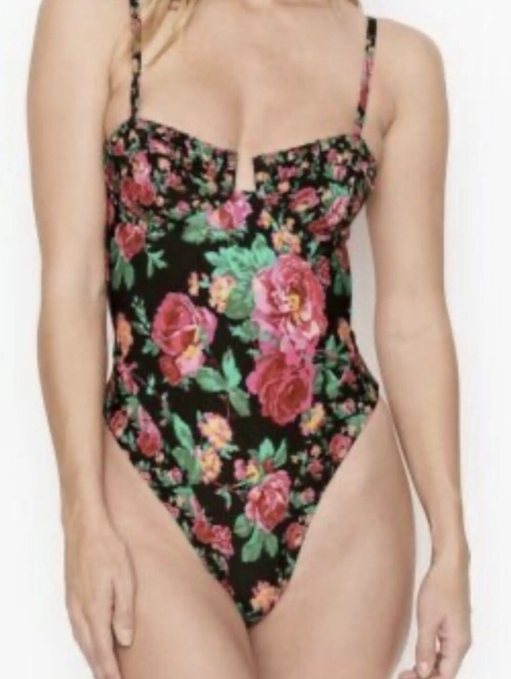 For Love & Lemons Floral Ruched Bodysuit Black Pink Roses XL